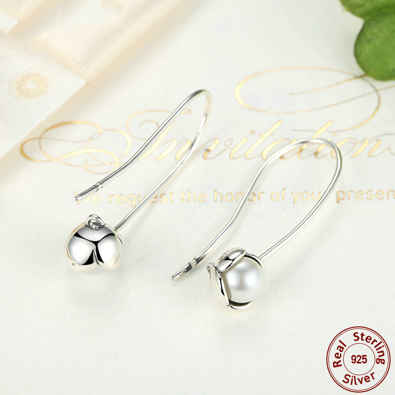 S925 Silver Pearl Inlaid Hook Earrings with Floral Design