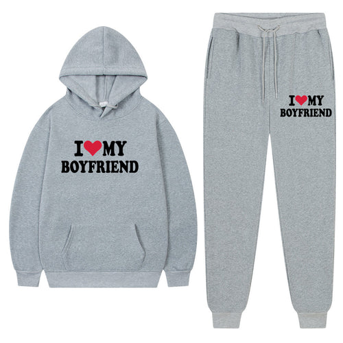 "I Love My Boyfriend" Casual Hoodie and Pants Set