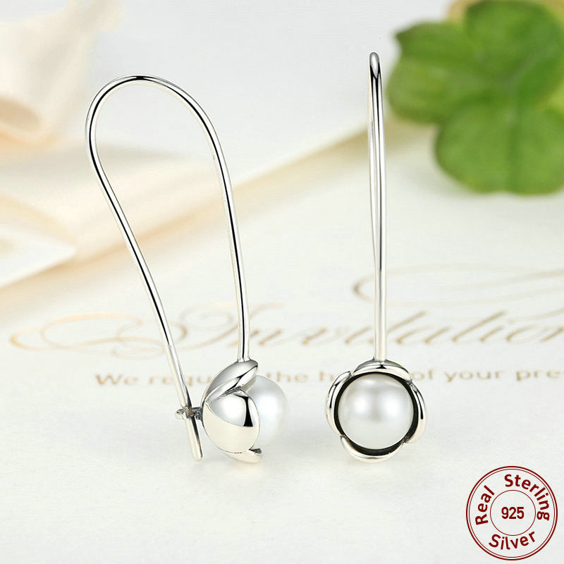 S925 Silver Pearl Inlaid Hook Earrings with Floral Design