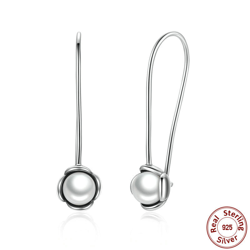 S925 Silver Pearl Inlaid Hook Earrings with Floral Design