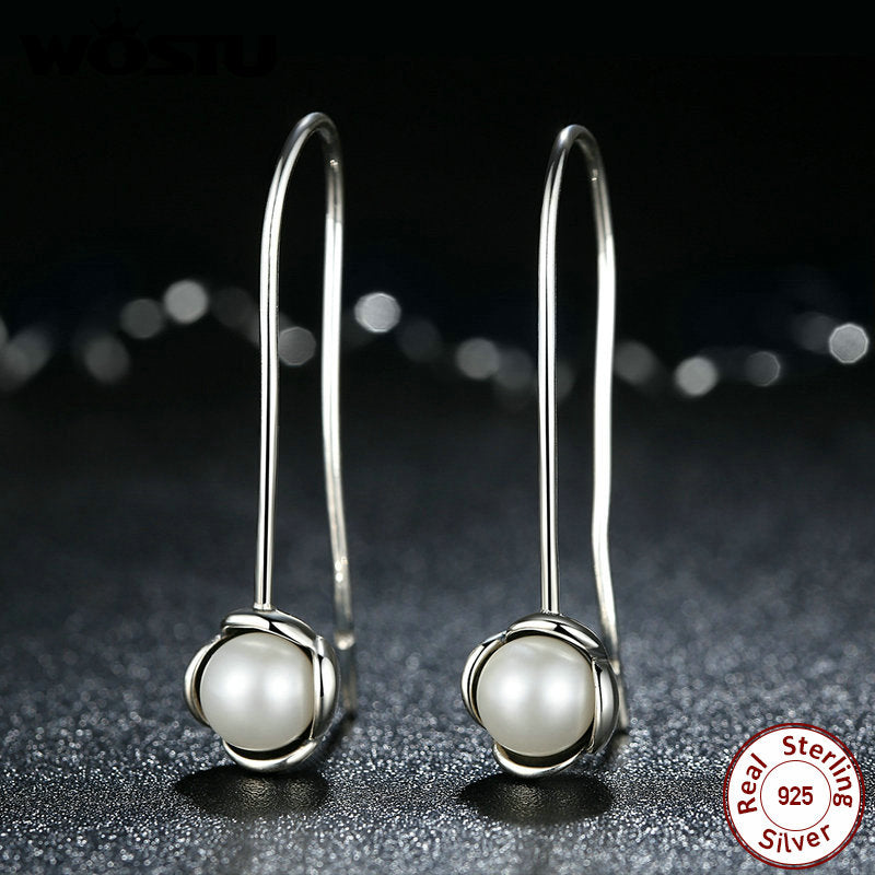 S925 Silver Pearl Inlaid Hook Earrings with Floral Design