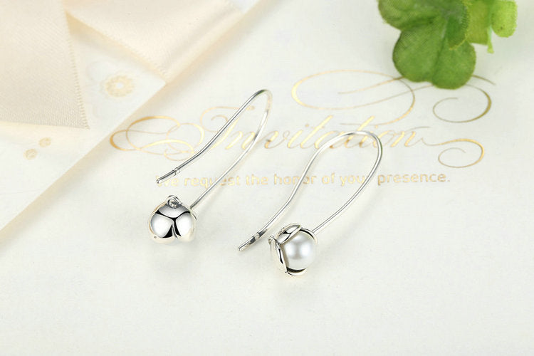 S925 Silver Pearl Inlaid Hook Earrings with Floral Design